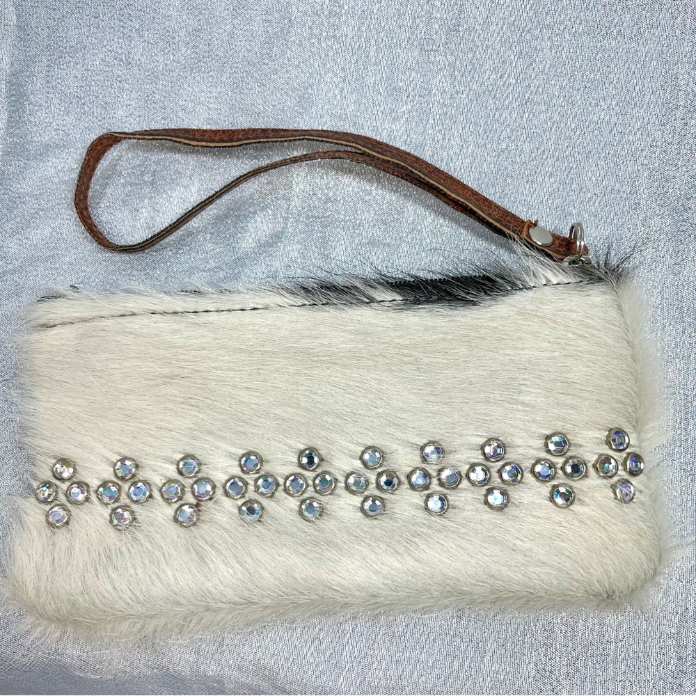 RODEO White Fur Cowhide Clutch Wristlet with Rhinestone Detailing
